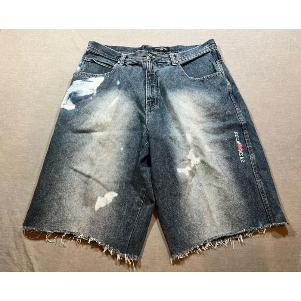Rocawear Shorts Mens 38 Blue Denim Pocketed Belted Zip Button Cut Off‎ Men.